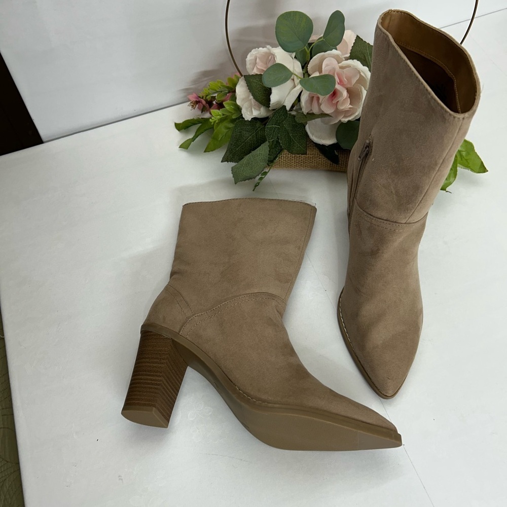 Suede Mid-Calf Heeled Boots in Taupe